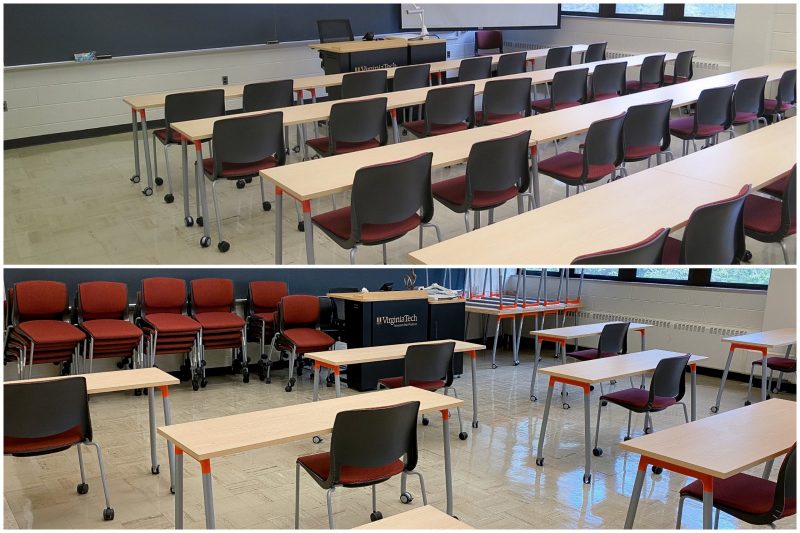 The top photo is Wallace Hall 244 before COVID-19. The bottom photo is Wallace Hall 244 after COVID-19, with physical distancing guidelines. Photos by Ray Meese for Virginia Tech and by Virginia Tech Classroom Audio Visual Services.