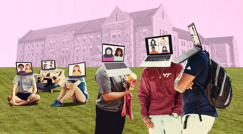 Graphic with students on campus but photoshopped computers lay where their heads should be, to represent virtual social hangouts