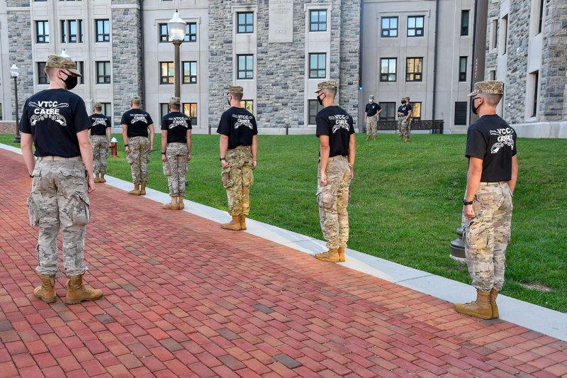 Cadets line up in 6-foot intervals in front of Pearson Hall East.