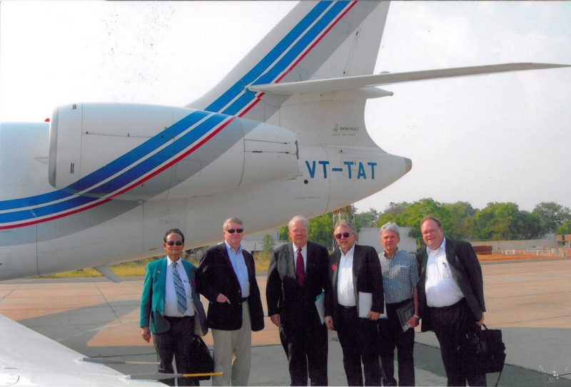 Virginia Tech supporters and leaders on an exploratory trip to India in 2006. From left: S.K. DeDatta, Gene Fife, Ben Davenport, Charles Steger, Rich Sorensen, and John Dooley.