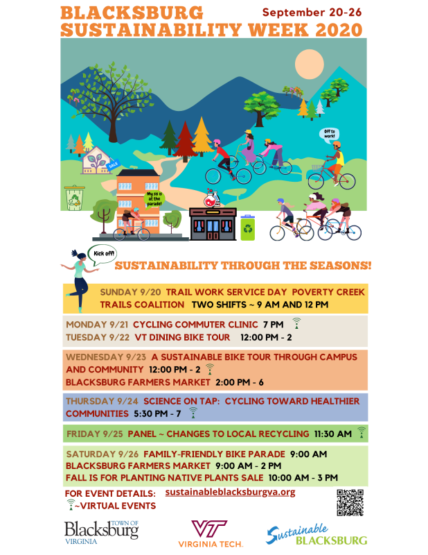 2020 Sustainability Week flyer highlighting an event list that is the same as the list included above in this article. Top of flyer includes an illustration of community members biking in front of mountains and a stream.