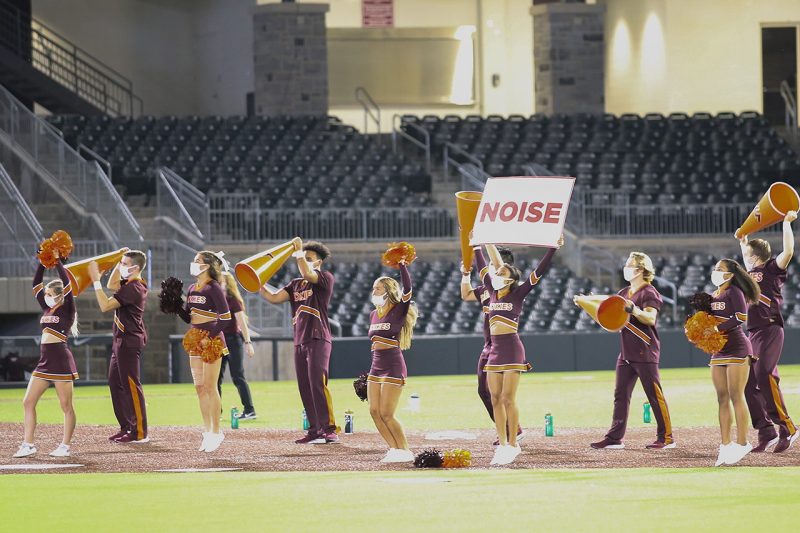 Members of the Hokies' Spirit Squad led cheers from English Field. 