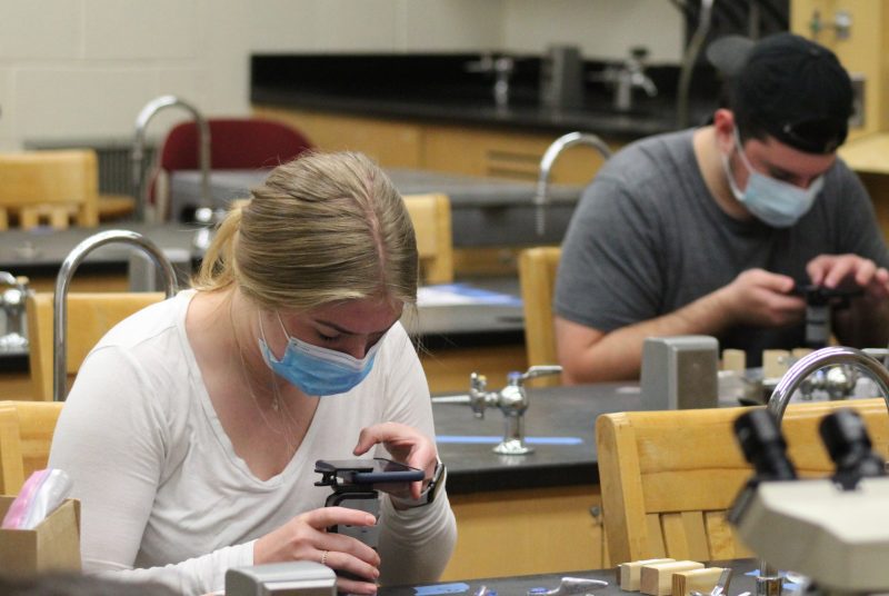 A young woman and man sit apart at lab tables while wearing face masks and looking down at smartphones attached to small microscopes.
