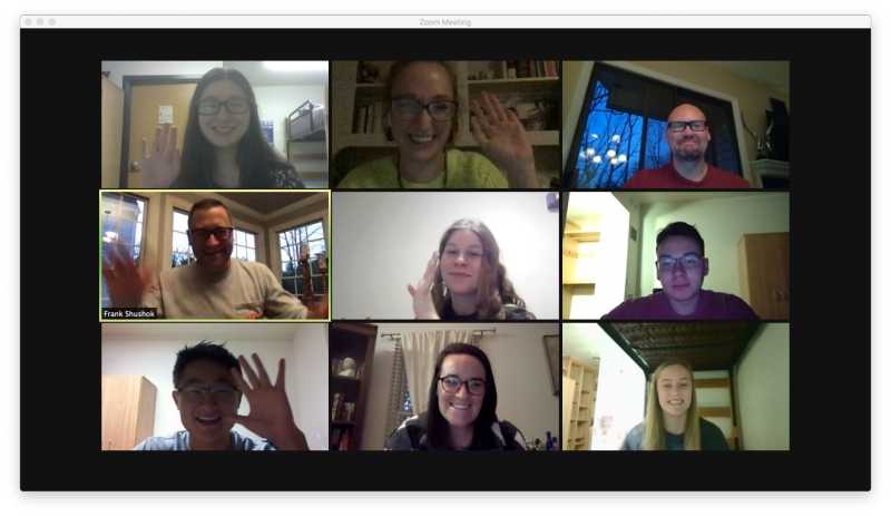 Some Virginia Tech students who spent Thanksgiving in on-campus quarantine and isolation space joined several members of the Division of Student Affairs staff for a virtual Zoom gathering on Thanksgiving Day. Pictured are top row (left to right): Thea Torrisi, student RA; Sarah Stayer, student life coordinator; Sean Grube, director of Housing and Residence Life; middle row (left to right): Frank Shushok, vice president for Student Affairs; Jillian Boersma, student; Carminie Marro, student; bottom row (left to right): David Woo, student; Amanda Eagan, assistant director for Housing and Residence Life; and Suzanne Fox, student. Photo provided by Sarah Stayer.