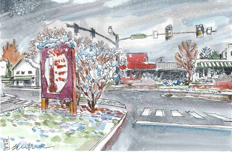 Doodle of Cloudy Day, CVC Sign, and Flurries on Alumni Mall