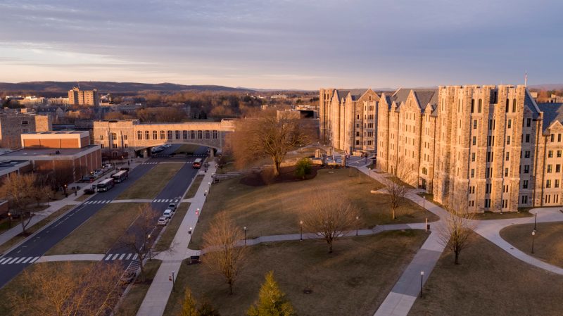 Aerial view of Alumni Mall on the Virginia Tech Blacksburg campus. 