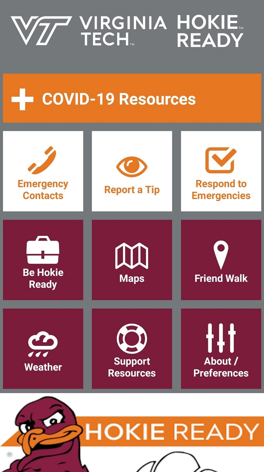 Hokie Ready app home screen with orange COVID-19 resources button at top of screen