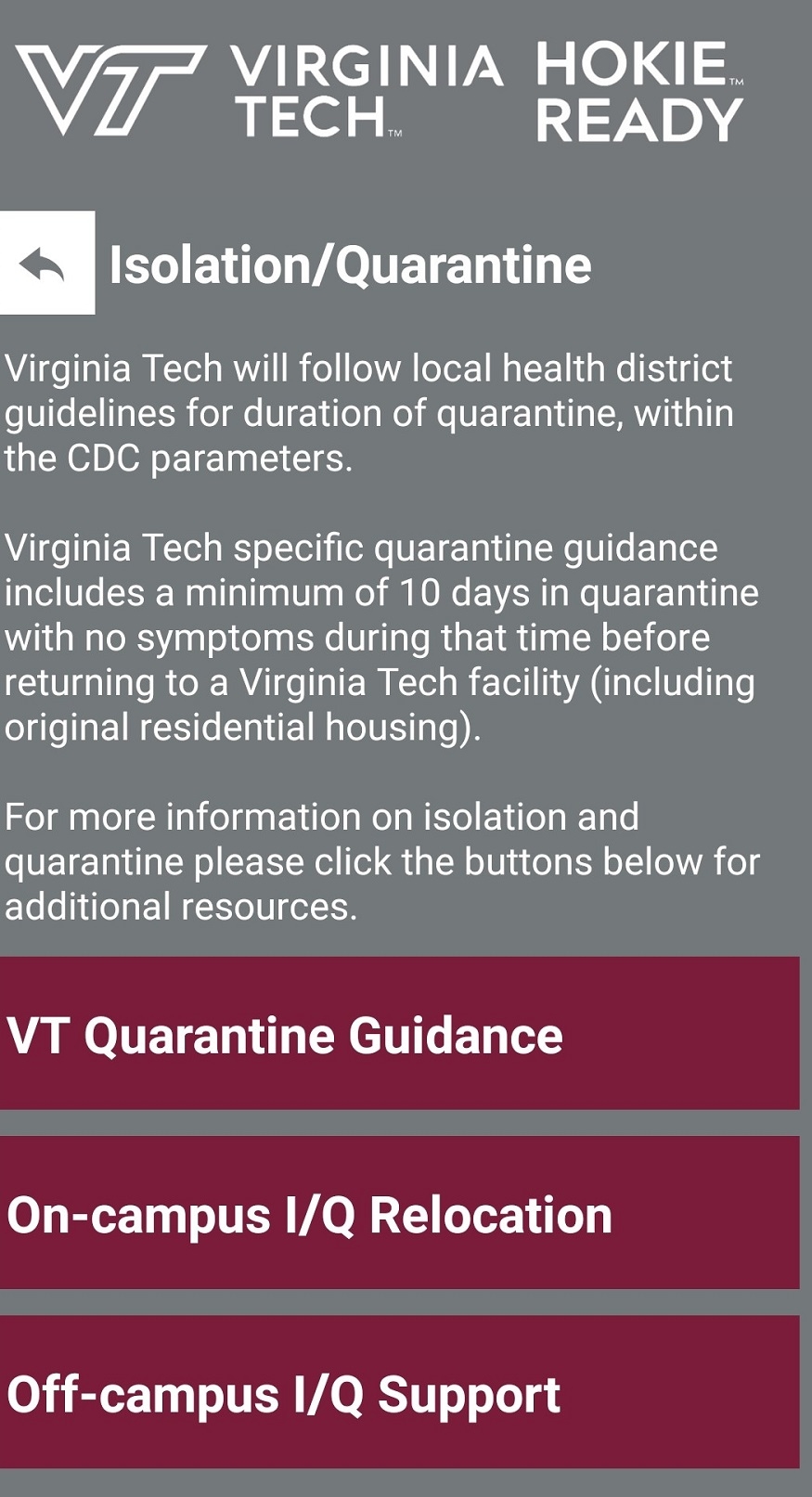 Screenshot of isolatioon and quarantine resources within Hokie Ready app