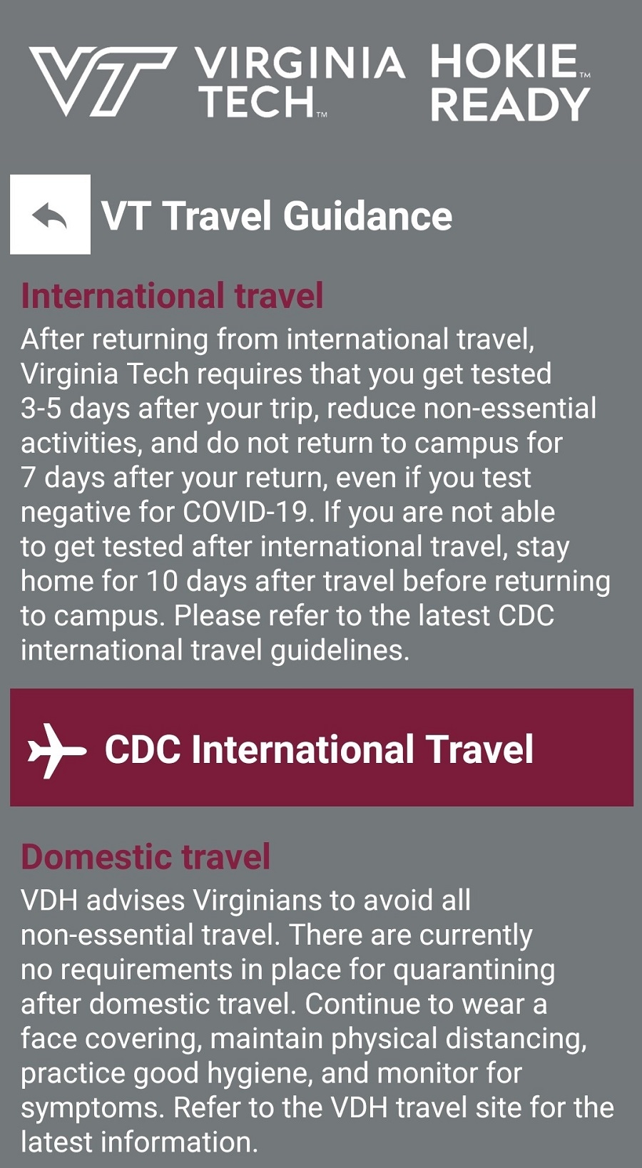 screenshot within app of latest CDC travel guidance for international and domestic travel