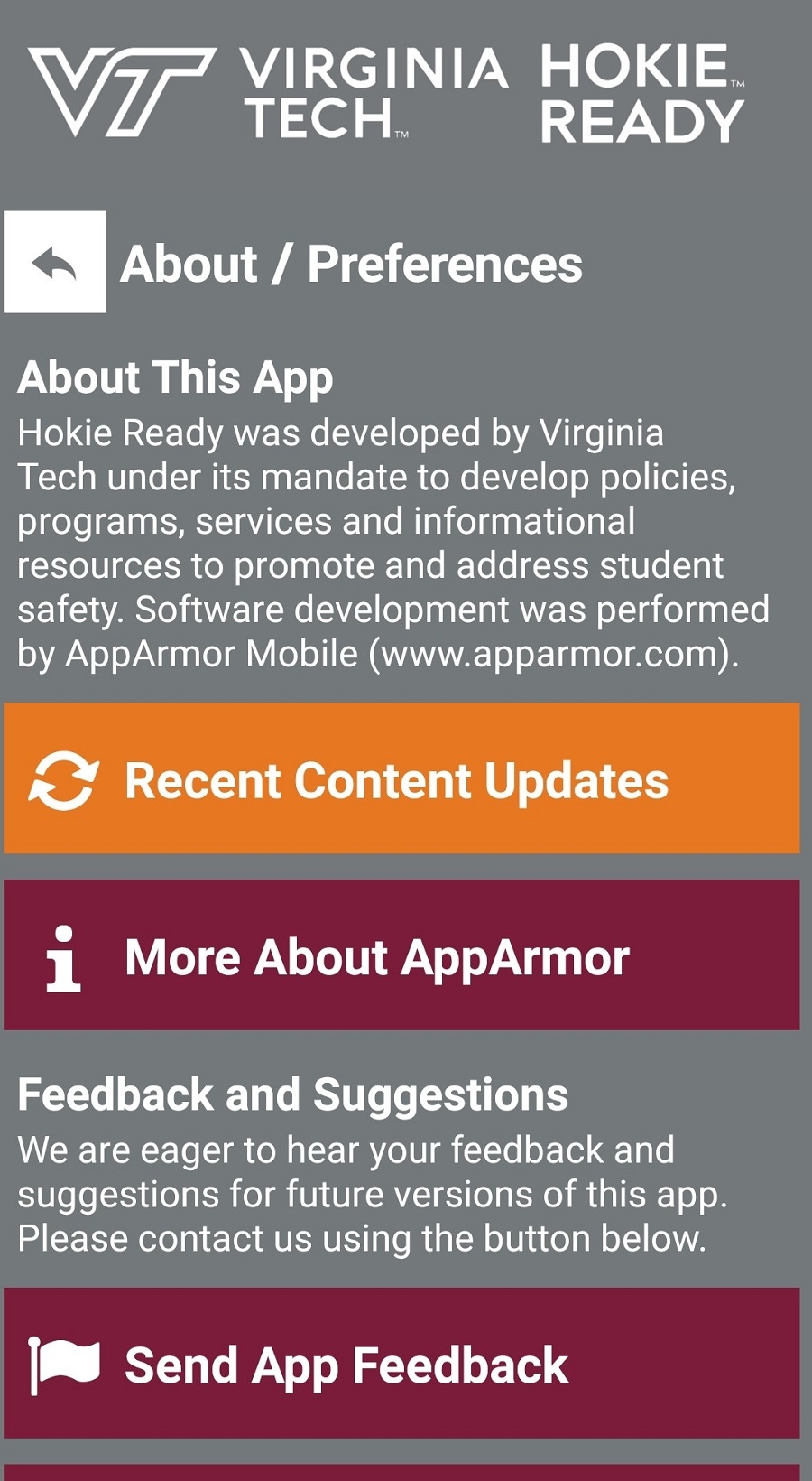 Screenshot of the About/Preferences page within the Hokie Ready app