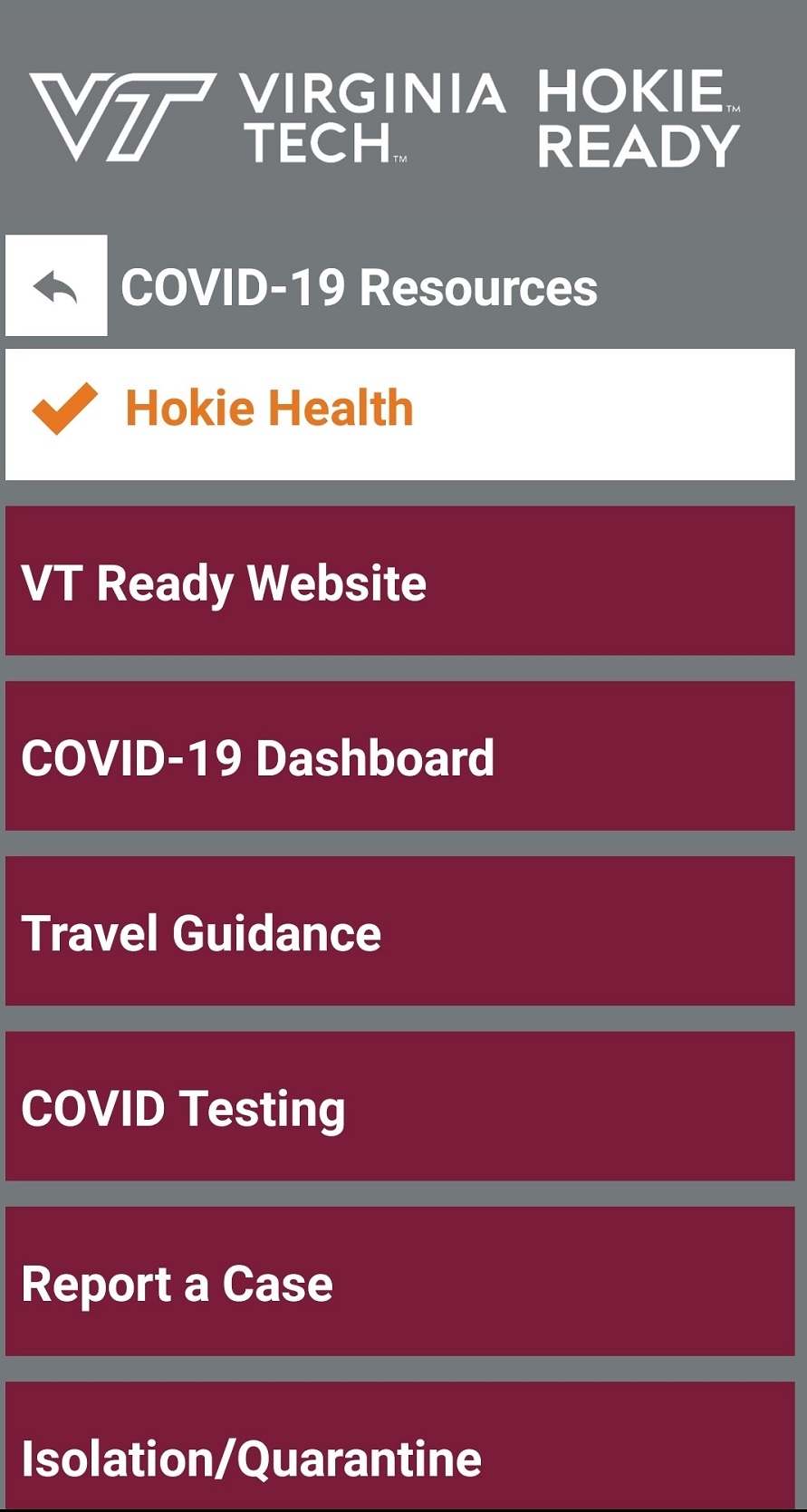 COVID-19 resource page within Hokie Ready app.