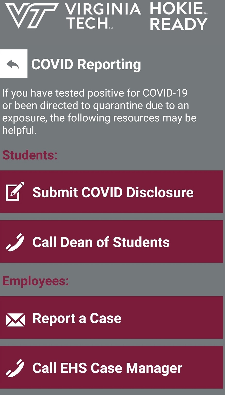 Screenshot of how to report COVID-19 cases