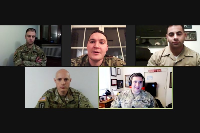Clockwise from top left: Virginia Tech alumni Maj. Brian Alberts, Maj. Nick Nelson, Lt. Cmdr. Anthony LaVopa, Capt. Matt Balach, and Lt. Col. Ian Jarvis are shown on a Zoom screen.