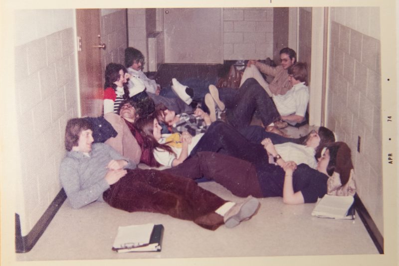 Circa 1974, students line the hallways of McBryde Hall waiting to get into the punch card room. Department of Computer Science photo file.