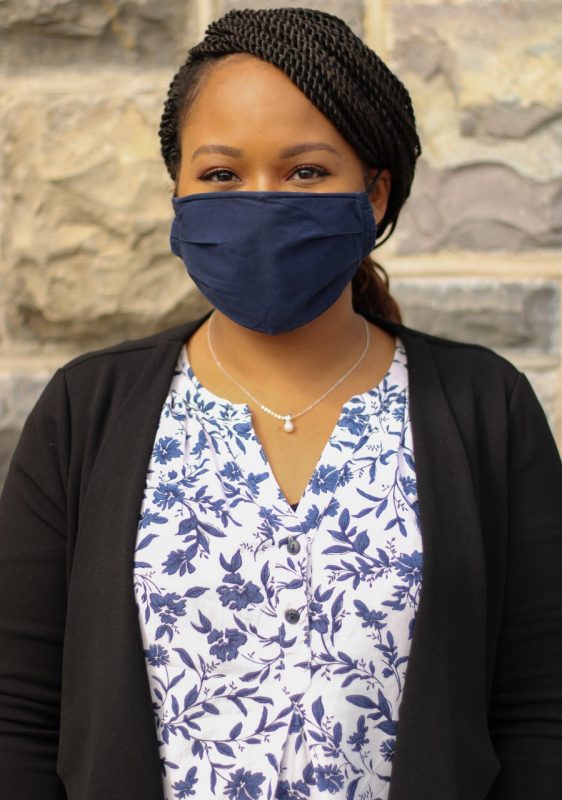Photo of Jeannie Purchase wearing a blue mask