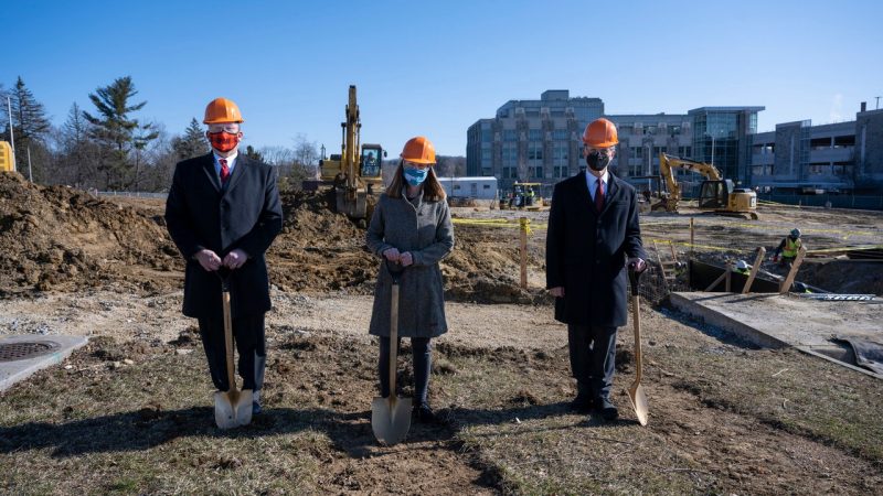 Virginia Tech leaders at the groundbreaking for the Data and Decision Sciences buildings. From left, College of Science Interim Dean Ron Fricker, College of Engineering Dean Julia Ross, and Pamplin College of Business Dean Robert Sumichrast. Photo by Ryan Young for Virginia Tech.