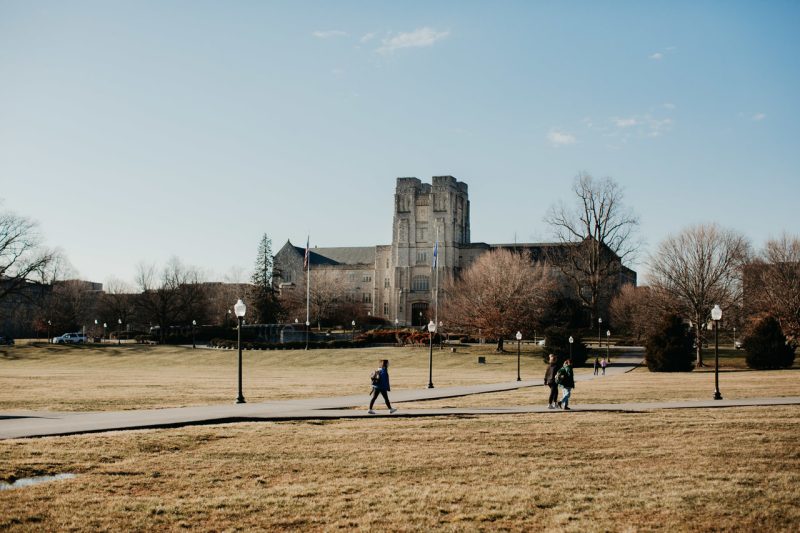 Students walk across the Drillfield on a dry winter day