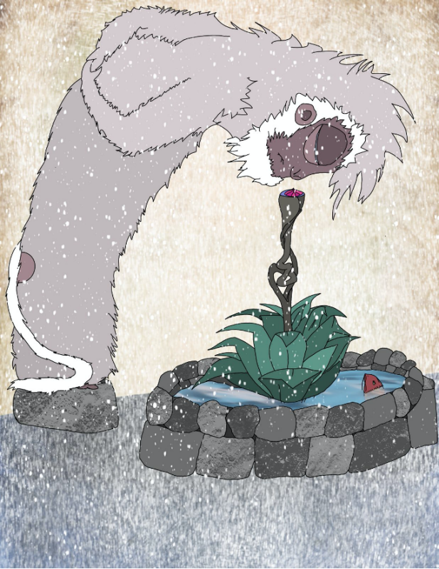 Bend #26. A snow monkey bends to smell a plant rising from an icy well, onlooking koi, peculiar stem knotted, quiet and still in snowfall.