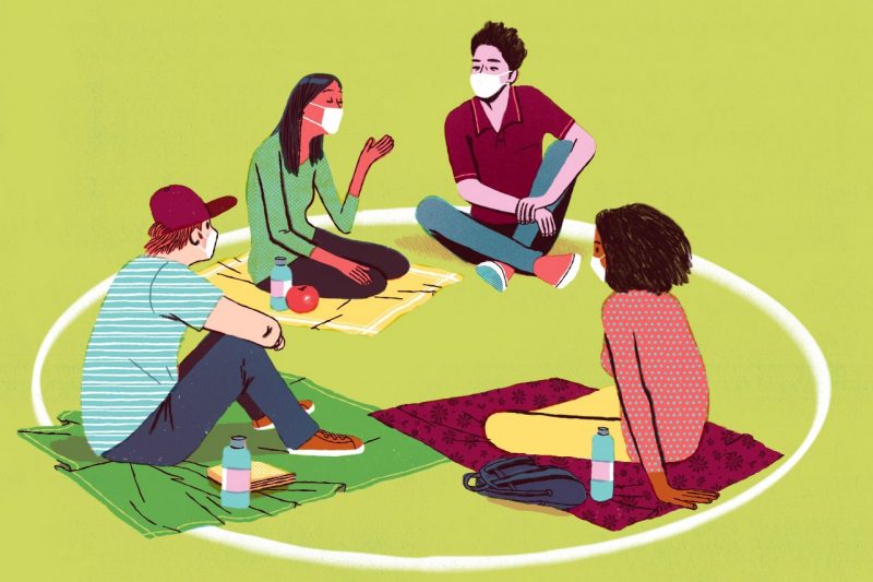 Illustration of students sitting  in a circle and wearing masks.