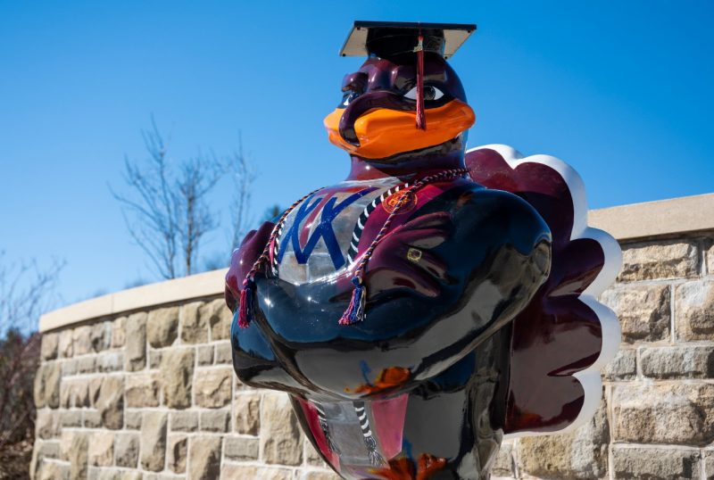 A new Hokiebird statue honoring the Class of  2020  stands at the sidewalk leading from the Visitor and Undergraduate Admissions Center to the Inn at Virginia Tech and Holtzman Alumni Center. Photo by Ryan Young.