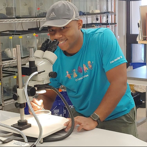 Omar West, a senior double majoring in Biology and Nanomedicine, leans over a microscope with a McDonalds shirt on