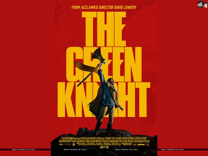The promotional poster for The Green Knight, contains the film's title in block yellow letters against a red background. At the center of the image is an illustrated depiction of the film's star, Dev Patel, holding over his head a giant axe. 