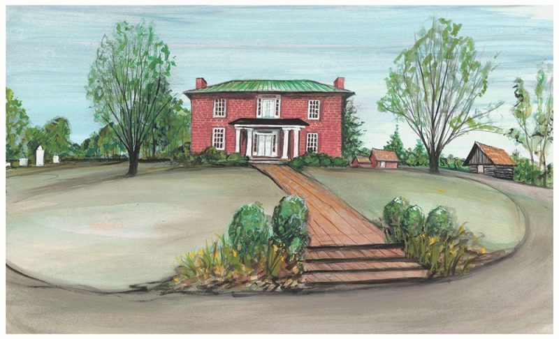 A painting of a brick house with a long brick walkway leading to a curved road.