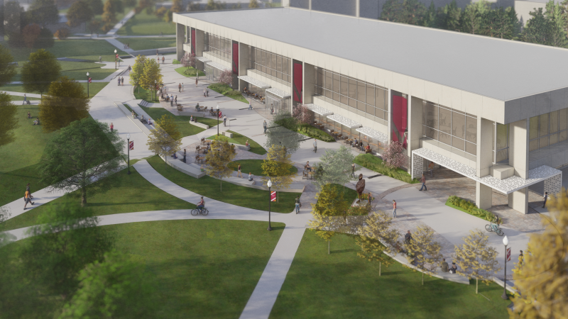 An architect's rendering of the planned Quillen Family Spirit Plaza and Dietrick Hall.