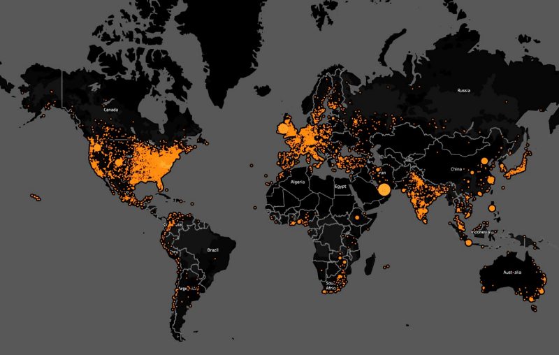 A global map indicating where people are downloading scholarship from VTechWorks