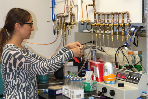 Kylie Allen is seen conducting research on methanogens in Engel Hall. There are a number of tubes and instruments that are surrounding her hands.