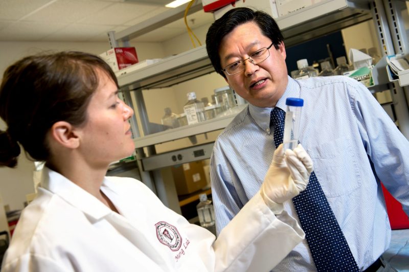 X.J. Meng collaborates with a student in a Virginia Tech research lab.
