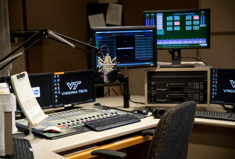 Image shows workspace for radio announcer at WVTF Radio IQ station in Roanoke