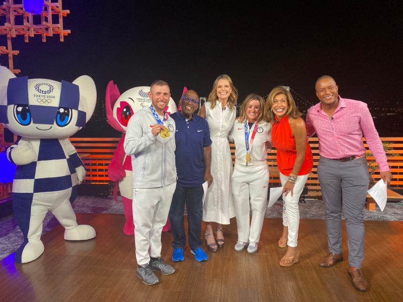 Two USA Shooting Olympians start their media tour with Hoda Kotb (Communication ’86), second from right, and the rest of the NBC crew. 