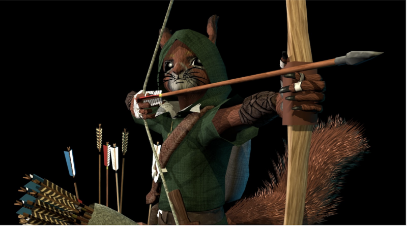 fierce-looking squirrel dressed in a green cloak aiming a bow and arrow.
