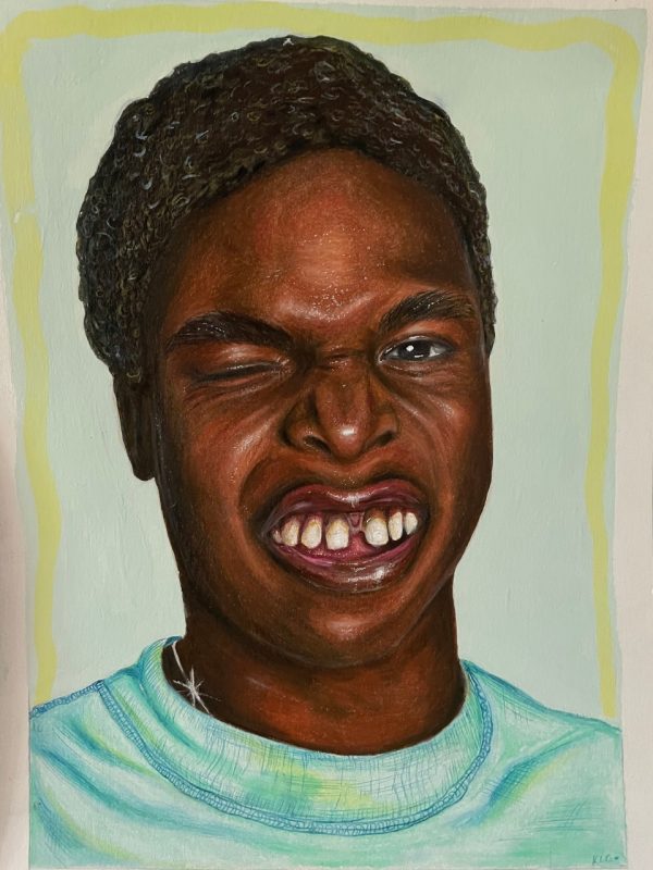 This artwork made of colored pencil, marker, and gouache shows a Black man winking and showing his teeth, which have a wide gap in the front.