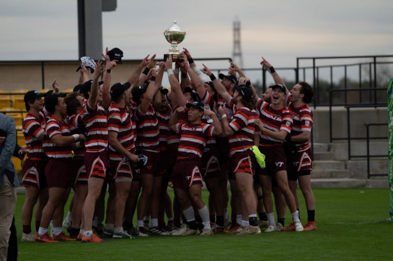 The Virginia Tech men's club rugby team celebrates after winning the Division I AA National Rugby Championship in Texas. Photo by Olly Laseinde of @rugbysnapshots.