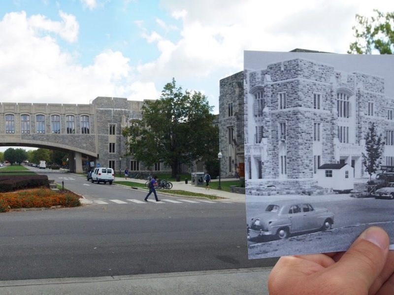 Newman Library and Torgersen bridge -- old and new photos