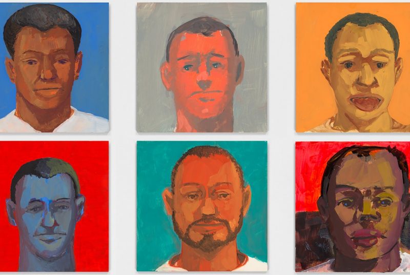 A view of six of the 114 panels included in Steve Locke's work "the daily practice of painting." These paintings are faces of six men, each with a different colored background. 