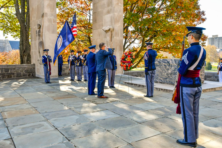 A memorial wreath is placed at the Pylons during the Corps of Cadets' Veterans Day memorial service.
