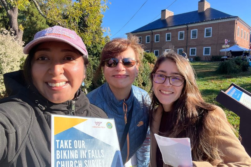 The graduate students who conducted a biking survey included, from left, master’s student Laura Castro, doctoral student Hypatia Alexandria, and master’s student Olga Perez Pelaez. 