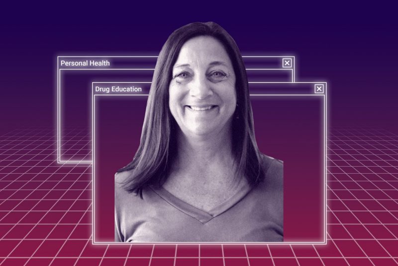 80s high-tech-style photo illustration of Amy Smith emerging from screens that say "Personal Health" and "Drug Education."