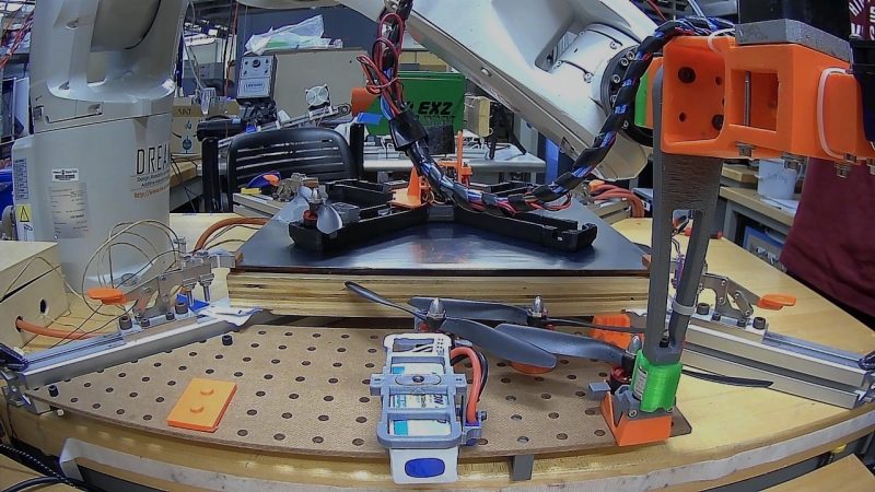 The assembly tool created by the undergraduate research team picks up parts to complete a fully functional drone.