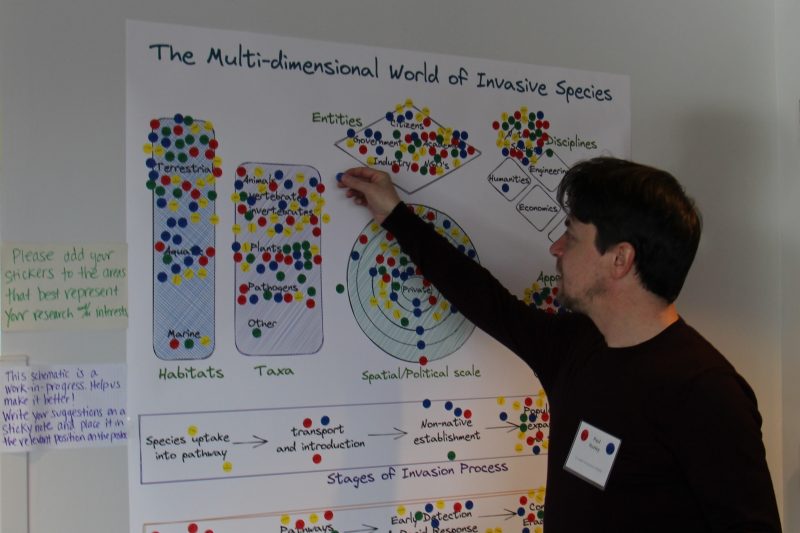 An individual adds colorful stickers to a schematic on the wall at the Invasive Species Working Group at Virginia Tech Summit. 