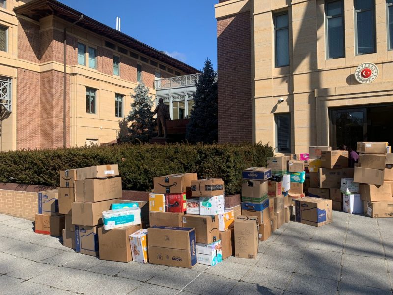 Boxes of donations for earthquake victims sit in front of the Turkish Embassy