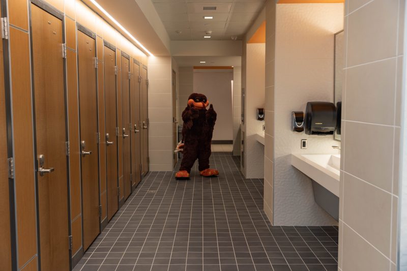 HokieBird admires the newly renovated Squires single-stall restrooms.