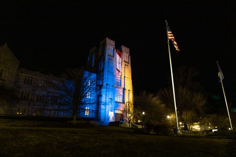 Burruss Hall is illuminated in blue and yellow in solidarity with the people of Ukraine. Photo by Christina Franusich for Virginia Tech