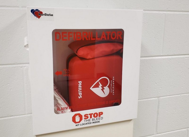 Automated External Defibrillator (AED) mounted on a wall