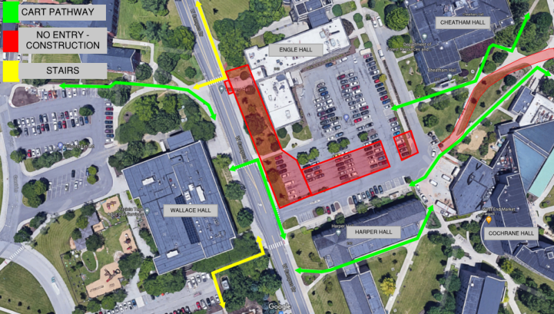 Areial map of campus closures near West Campus Drive