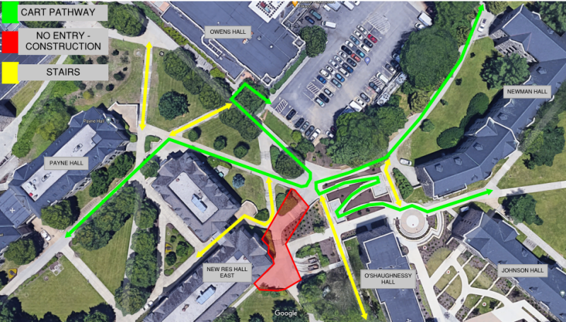 Aerial map of campus closures near New Residence Hall East