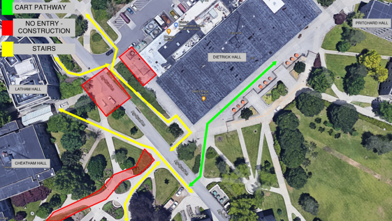 Aerial map of campus closures Dietrick Hall
